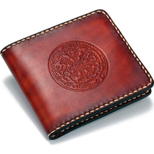 Boyfriend Father Gift Short Cow Leather Wallets Embossing Fold Bag Purses Men Clutch Vegetable Tanned Leather Wallet Card Holder