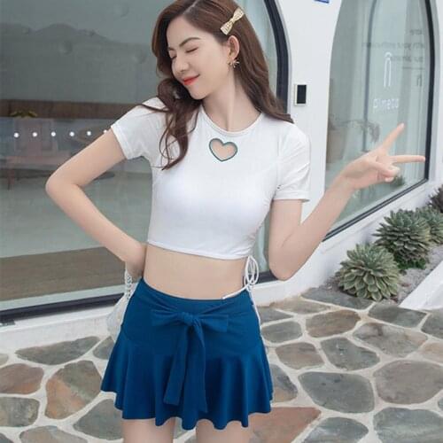Korean New Sexy Short-Sleeved Love Heart Hollow On Both Sides Elastic Drawstring Bikini Skirt-Style Split Three-Piece Swimming