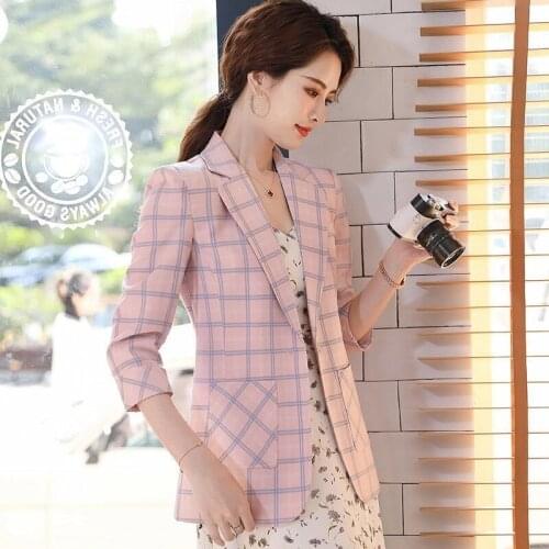 Novelty Pink Plaid Half Sleeve Formal Blazers Jackets Coat Women Business Work Wear Professsional Outwear Tops Blaser Clothes