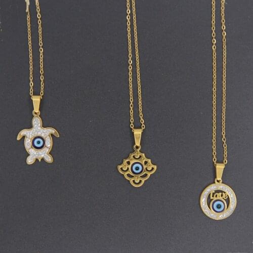 Blue Evil Eye Necklace Stainless Steel Handmade Turkish Glass And Crystal Stone Gold Pendant Necklace No Fade Colour Jewelry