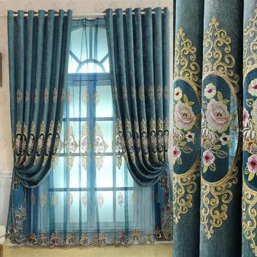 Chinese Embroidered Blue Grey Window Curtain Tulle Curtains for Living Room Bedroom Luxury Custom Size with Curtain Head