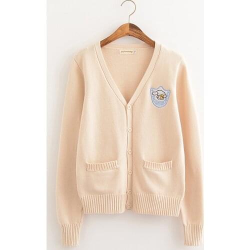 Cartoon embroidery Big ear dog Cherry pink/Almond/Water Blue Soft Knitted cotton sweater long-sleeved cardigan uniform cos JK