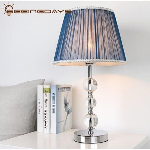 SeeingDays Free Shipping Modern Crystal Ball Table Lamp Bedside Lamp For Bedroom Blue Lampshade Crystal Night Light E27 220v