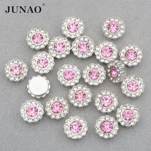 JUNAO 10mm Pink Flower Glass Rhinestones Flatback Stones Sliver Claw Crystal for Pearl Rivet Machine DIY Clothes Crafts