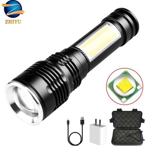 ZHIYU Ultra Bright LED Flashlight, with Hand Strap USB Rechargeable Torch with Built-in 18650 Battery Tactical Zoom Flashlight