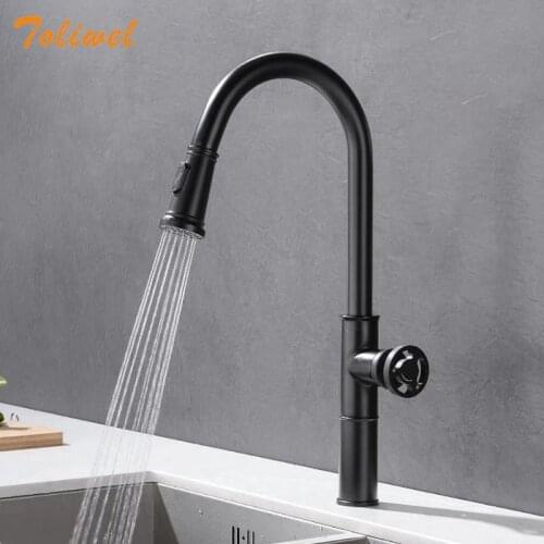 Pull Out Kitchen Faucet Brass Sink Mixer Taps Cold Hot Water Rotatable Black Industrial Style