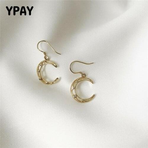 YPAY 100% Genuine 925 Sterling Silver Earring Fine Jewelry for Ladies Girls Cute Gold Plated Moon Dangle Earrings Gift YME416