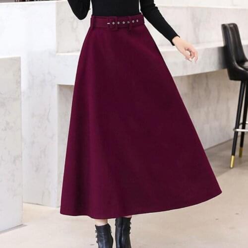 High Waist Woolen Skirts Womens Winter 2021 Fashion Wool Long Skirt With Belt Casual Ladies plus size 2xl