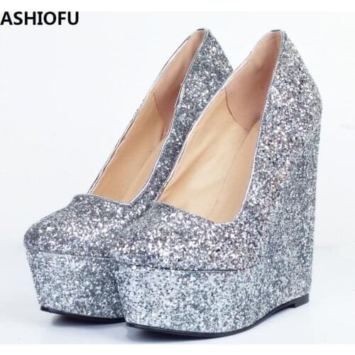 ASHIOFU New Handmade Womens Wadge Heel Pumps Glitters Slip-on Party Prom Dress Shoes Sexy Evening Fashion Court Shoes