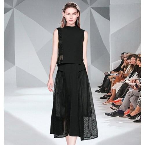New Summer Womens Black sleeveless stand collar shirt Top + Fashion OL Style Elegant Hollow out Lace patchwork skirts 2pcs set