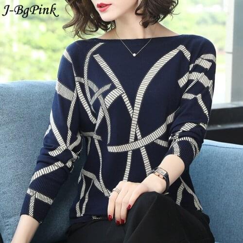 2020 Autumn Loose Sweater Geometric Print Sweater Block O Neck Women Pullover Knitwear Jerseys and Sweaters Long Sleeve Knitted