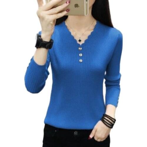Buttoned V-Neck Sweater Women New Knit Sweater Autumn Winter Plus Size Bottom Shirt Femme Knitted Sweater Pullover Sweater Tops
