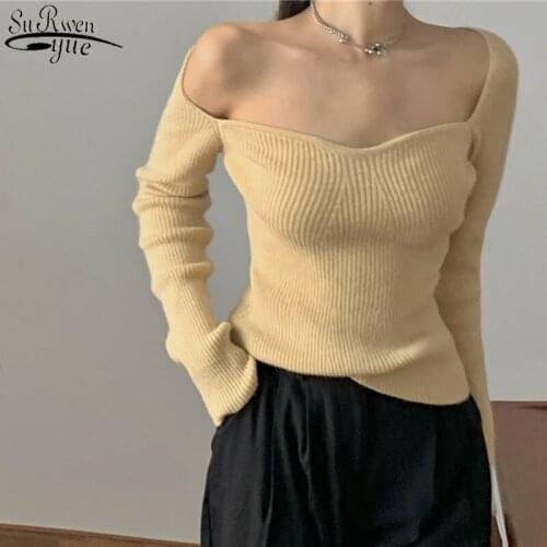 French Style Retro Square Neck Long Sleeve Knit Top Female Ribbed Slim Fit Stretch Sexy Topwinter Clothes Women 12815
