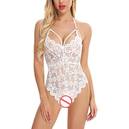 Women Ladies Sexy Solid Lingerie Bodysuits Lace Mesh Hot Open Crotch Underwear Backless One-piece Slim V-Neck Female Erotic