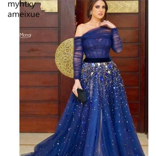 New Arrival Off The Shoulder Royal Blue Dress Evening 2020 Long Sleeve Muslim Evening Robe Soiree Dubai Plus Size Event Dress