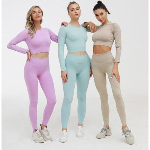 2020 Fitness Suit Sport Suit Yoga Set Gym Workout Clothes Long Sleeve Fitness Crop Top + High Waist Energy Seamless Leggings