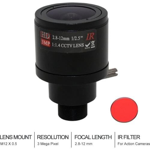 3Megapixel Varifocal Lens With IR Filter 2.8-12mm M12 Mount 1/2.5 inch Manual Focus and Zoom For Action Camera Sports Camera