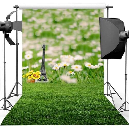 Eiffel Tower Toy Spring Photography Backdrops White Yellow Flowers Green Meadow Children Birthday Backgrounds for Photo Studio