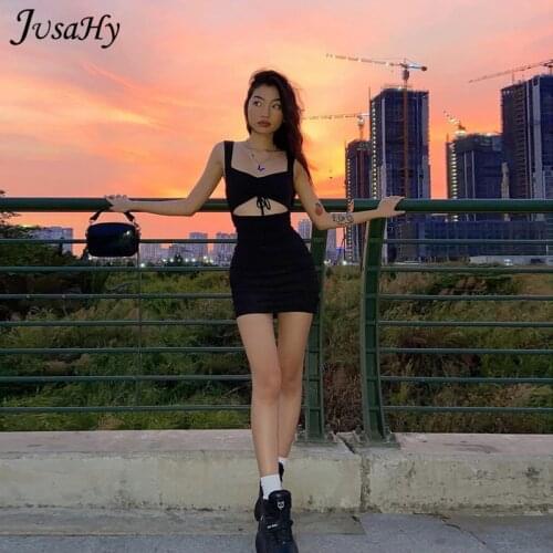 JusaHy Solid Black Spaghetti Strap Dress Spring Summer Hollow Out Sleeveless Slim Clothing New Ladies Casual Mini Dresses Mujer