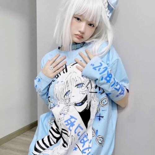 Summer Harajuku Punk Goth Y2K Japanese Cartoon Anime Girl Chain Ulzzang Dark Streetwear Chic Loose Casual T-Shirt Female JK Tops