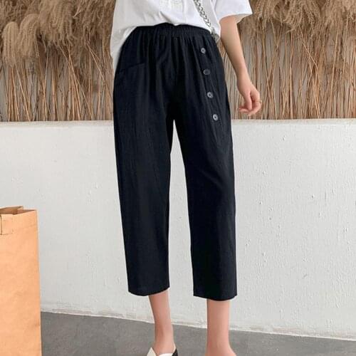 Fashion Women Pants Cropped Loose Summer Solid Color Buttons Elastic Waist Slacks Plus Size pantalones de mujer брюки женские