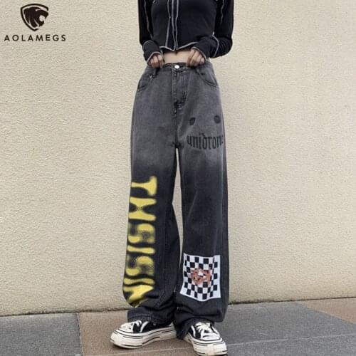 Aolamegs Men Oversized Jeans Pants 2021 Denim Mens Streetwear Hip Hop Checkerboard Print Gothic Pants Casual Trousers for Men