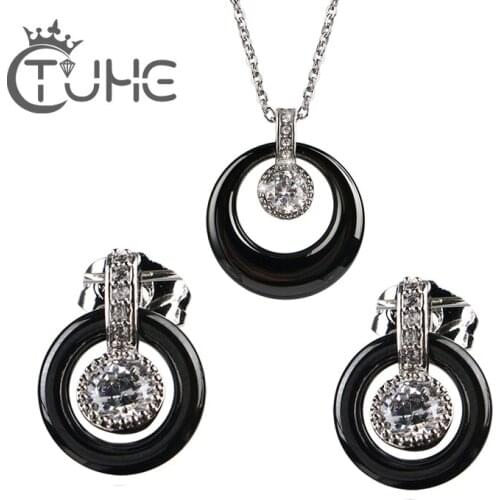 Long Circle Crystal Pendant Necklace Earrings Sets Jewelry For Women Silver Color Elegant Ceramic Jewelry Sets Engagement Gift