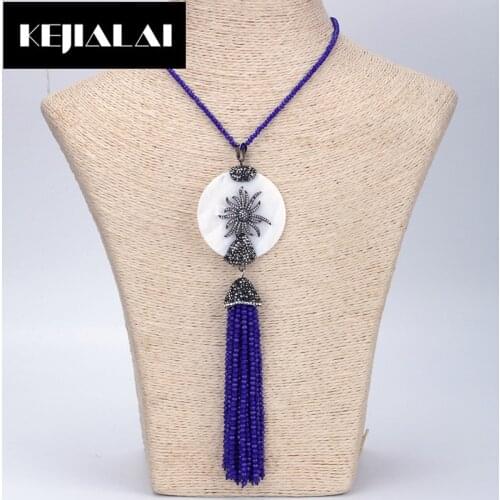 KEJIALAI Blue Glass Crystal Beads Tassel Pendant Necklace Shell Pearl Round Shape Charm Paved with Rhinestone Sun Beads Chain