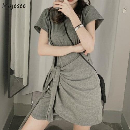Dress Women Leisure Asymmetrical Korean Style Mini Short Sleeve Fashion Solid Comfort Gray Simple Party Street Slim Summer Ins