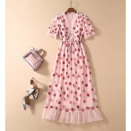 Sexy V-Neck Belt Strawberry Puff Sleeve Dress Net Yarn Summer New WomenS Clothing