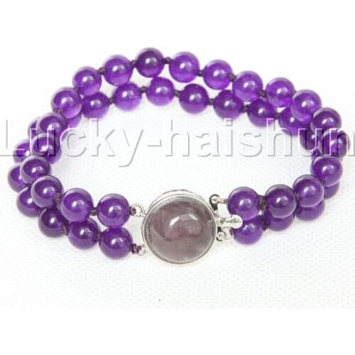 Genuine 8" 8mm 2row round amethysts beads Strand bracelet amethyst clasp j12323