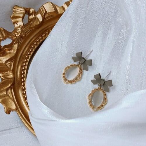 925 Silver Needle Plated 14K Real Gold Cats Eye Stone Retro Bow Earrings Lightning Offers Woman Accesories Fine Jewelry