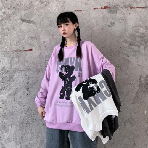 Print Bear Pullover Sweatshirt Women Korean Lilac Oversized Hoodies Autumn Winter Casual Loose O-Neck Top Long Sleeve Harajuku