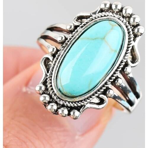 Vintage Bohemia Blue Oval Turquoises Finger Rings for Women Alloy Knuckle Finger Rings for Women Men Jewelry Party Gifts