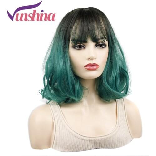 Vunshina Synthetic Wig With Bangs Ombre 1B Green Wavy Short Bob Wigs For Black Women Turquoise Colored Glueless Natural Wig