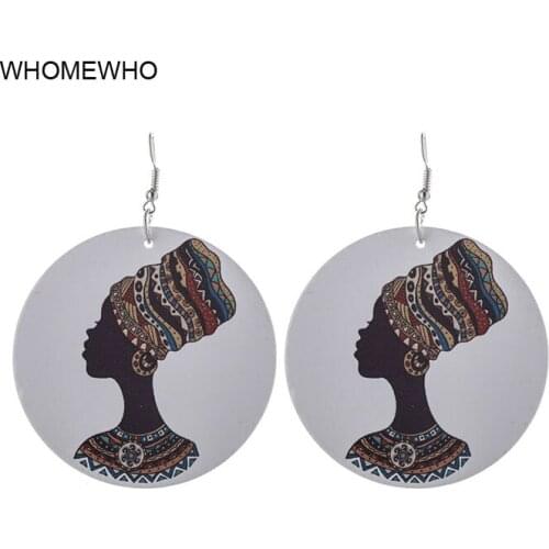 WHOMEWHO 60cm Natural Wood White Painting Africa Queen Fashion Lady Earrings Vintage African Afro Jewelry Wooden DIY Accessory
