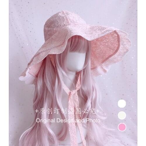 Japanese Kawaii Sweet Girl Print Lace Hollow Princess Pink Long Streamer Visor Lolita Summer Lace White Sun Hat Cosplay Mori New