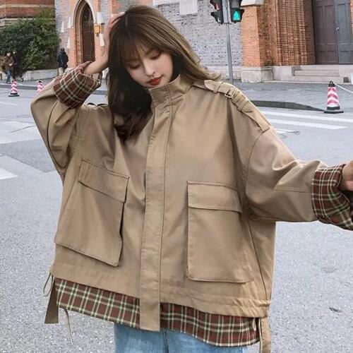 Tooling Style Women Windbreaker Grid Patchwork Korean Fashion Loose Trench Coat Zipper Autumn New Big Pocket Lady Chic Jackets
