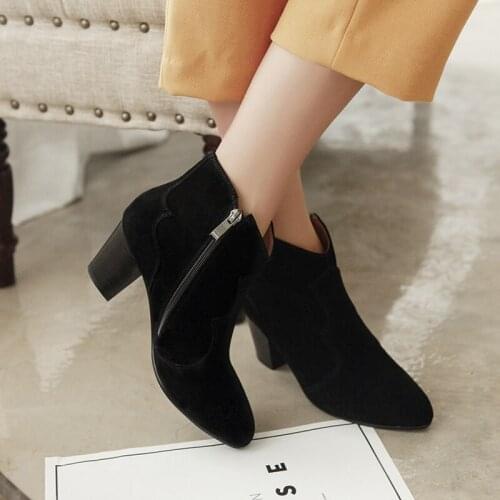 Women Martin Boots High Heels Black Casual Office Female Round Toe Zipper Party Chunky Ankle Boots Large Size 53 54 Shoes M-086