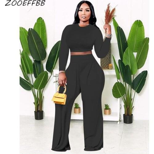 ZOOEFFBB Plus Size Fall Clothing Aesthetic Two Piece Outfits for Women Long Sleeve Crop Top and Pants Streetwear Matching Sets
