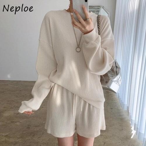 Neploe Candy Color Knit 2 Pcs Women Set O Neck Long Sleeve Sweater + High Waist Hip Elastic Short Spring 2021 New Suit Causal
