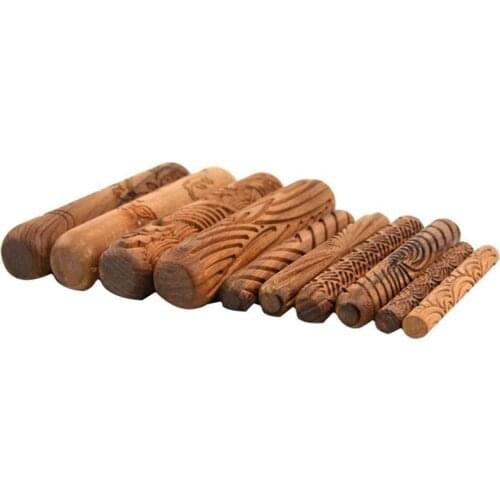 Pottery Tools,Wooden Handle Rollers Clay Modeling Pattern Rollers Kit Pottery Tools Set with Assorted Patterns 10Pcs