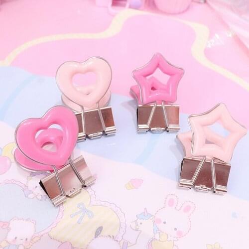 4pcs/set Pink Love Heart Stars Foldback Clips Metal Binder Grip Clips office accessories