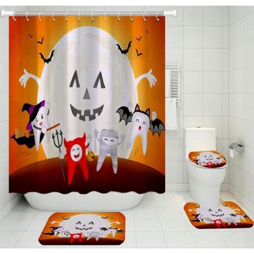 Happy Halloween 4 Pieces Bath Sets 3D Print Tooth Shower Curtain Set Bathroom Decor Toilet Mat Funny Good Quality Floor Rugs