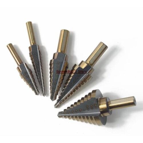 5pcs/set Aluminum Box Inch Baked Yellow Hair Black Triangle Handle High Speed Steel Step Drills Bit Cut Tool Set Hole Cutter