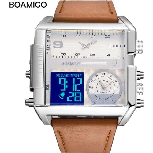 BOAMIGO Brand Men Watch 3 Time Zone Large Man Fashion Military LED Watch Leather Quartz Watches orologio uomo relogio masculino