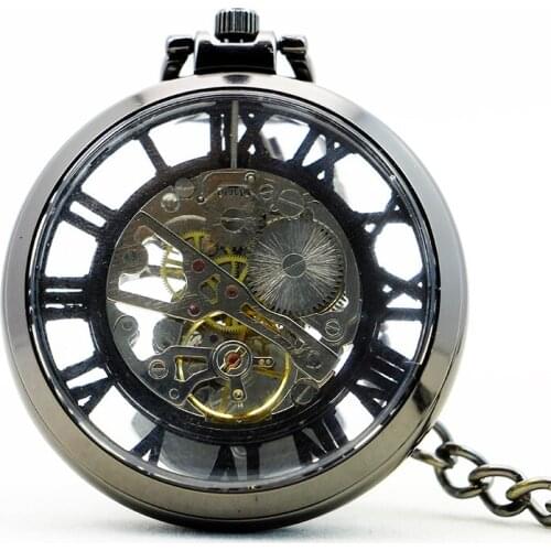 Black Vintage Mechanical Pocket Watch Luxury Pendant Watch for Men Men with Pocket & Necklace Chain