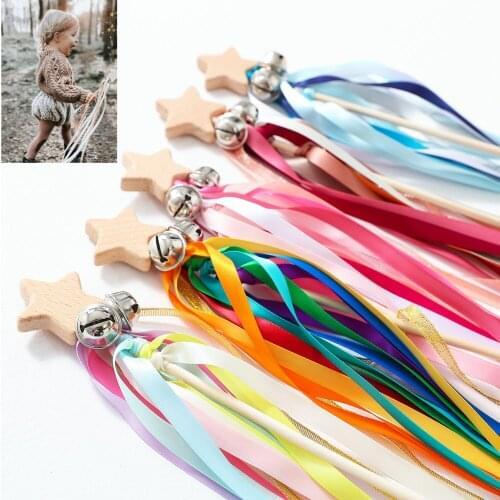 Kids Rainbow Ribbon Belt Star Wooden Magic Stick With Bell Teething Rodent Nursing Gift Montessori Waldorf Sensory Toys Rattle