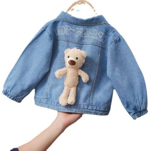12M-4Y Girls Boys Clothes Spring Autumn Cute Cartoon Bear Jeans Jacket Baby Kids Jeans Coat Children Denim Hole Coat Two Colors