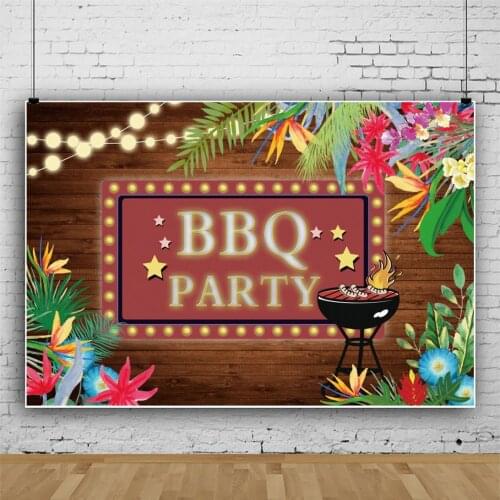 BBQ Friends Gathering Flowers Brown Planks Backdrops Photos Background Decorations for Barbecue Party Photography Props